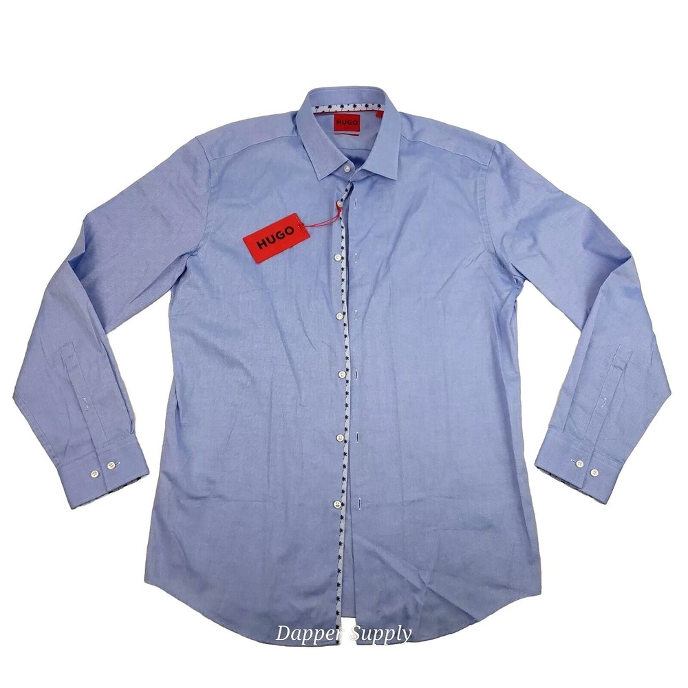 Hugo Boss Slim Fit Long Sleeve Button-Up Shirt Men's 17.5 Pastel Blue Palm Trees
